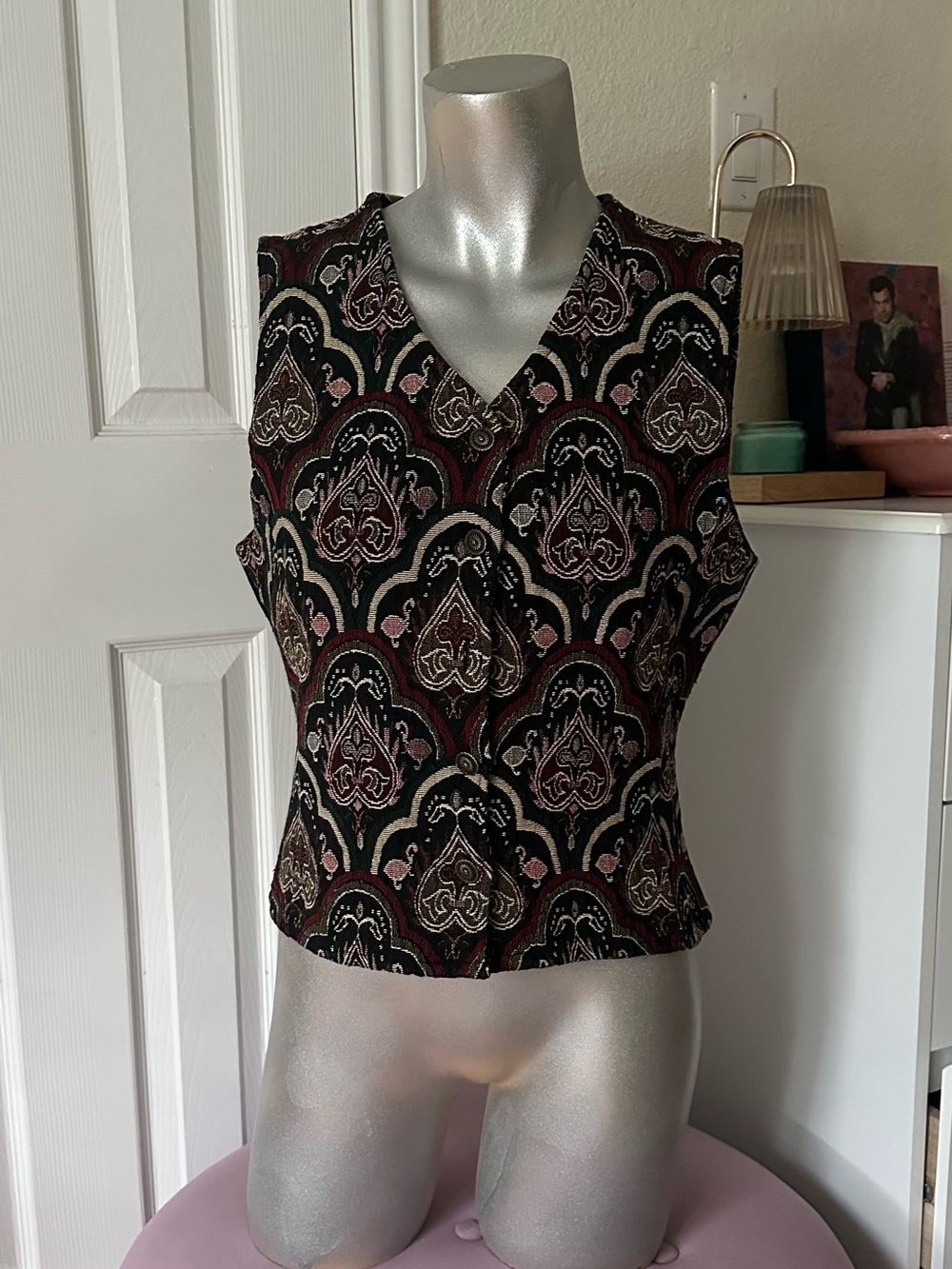 Vintage 90s Rhythm Blue Boho Green Burgundy & Pink Tapestry Women’s Vest